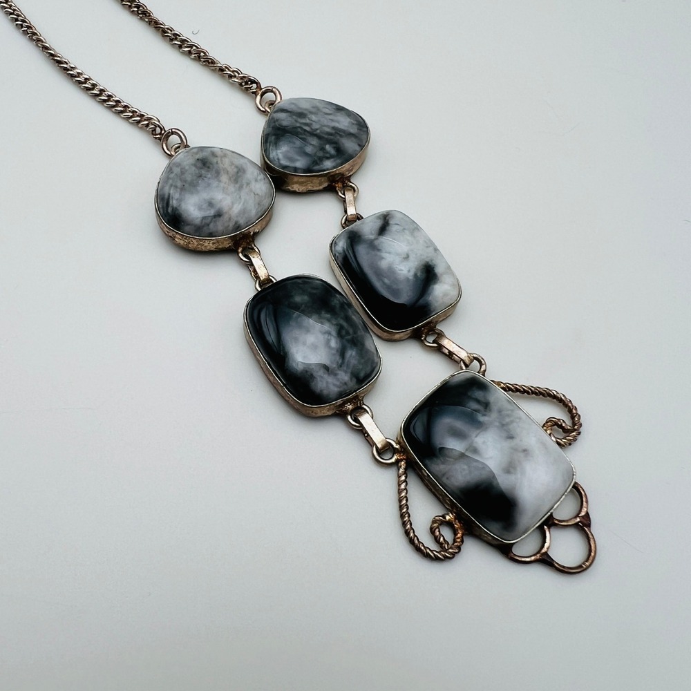 Silver Tone Statement Agate Necklace Gray Black Marbled Stone Link Bib Fashion